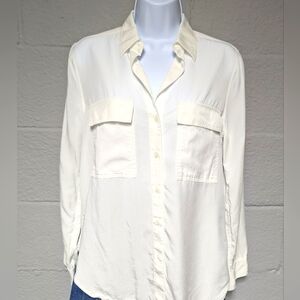 Babaton White Oversized Blouse Flowy Tencel Chest Pockets Size XS Soft Classic